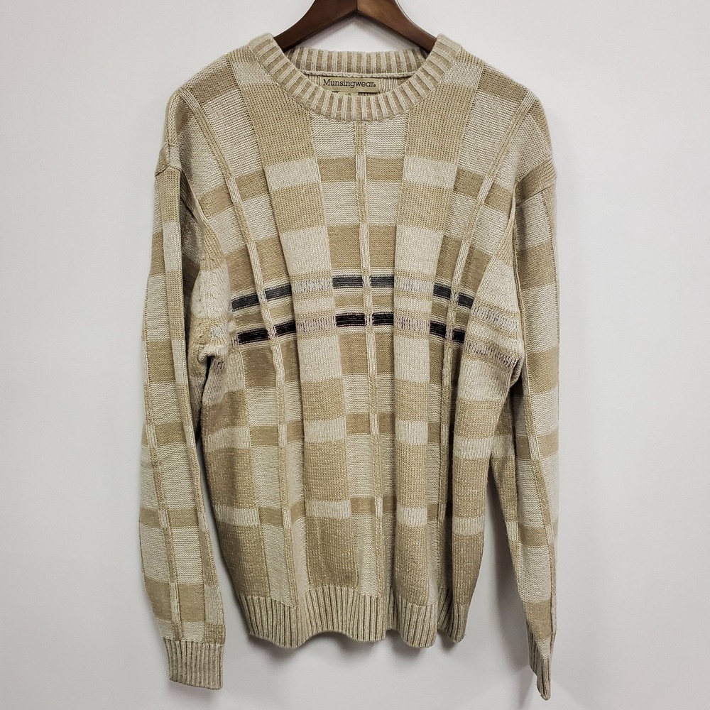 Vintage Munsingwear Mens 3D‎ Knit Checkered Sweater Size L Cream Biggie Hip Hop